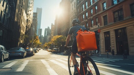 Poster - A cyclist with an orange bag rides through a city street at sunset.