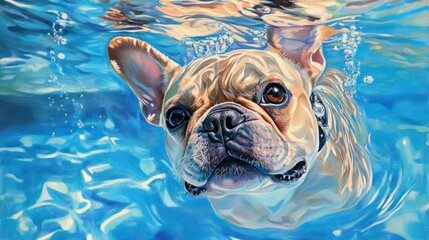 Sticker - A vibrant painting of a French Bulldog swimming underwater, showcasing its playful spirit.