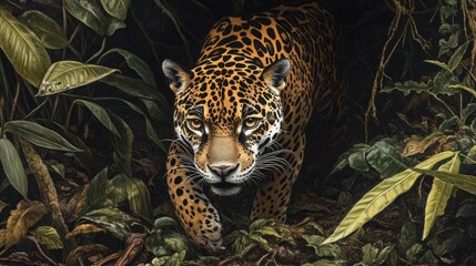 Wall Mural - A jaguar stealthily moves through lush foliage in a dense jungle environment.