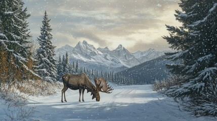 Poster - A moose grazes in a snowy landscape with mountains in the background.