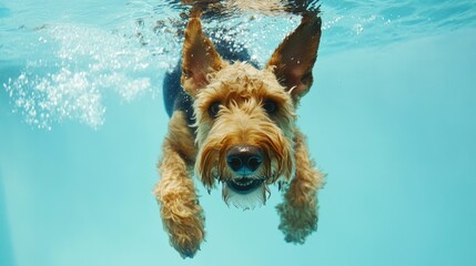 Sticker - A dog swimming underwater, showcasing playful energy and joy in a vibrant blue pool.