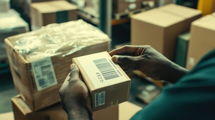 Poster - A person inspects a small package in a warehouse filled with cardboard boxes.