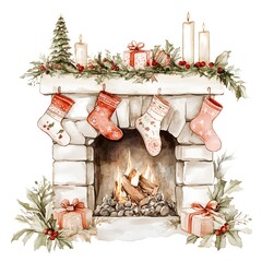 Watercolor Christmas Fireplace with Stockings  Gifts  and Fire