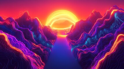 Aufkleber - Abstract landscape with vibrant neon mountains and a glowing sun.