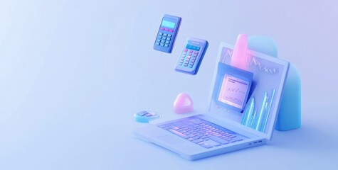 Poster - A pastel-themed digital workspace featuring calculators, graphs, and a laptop.