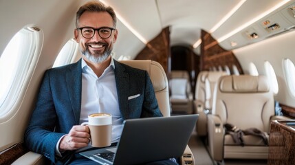 Canvas Print - A businessman working on a laptop while enjoying a drink in a private jet.