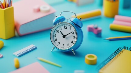 Sticker - A blue alarm clock surrounded by colorful stationery on a bright surface.