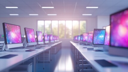 Poster - A modern workspace featuring rows of computers with vibrant galaxy screens.