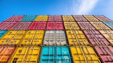 Wall Mural - A colorful arrangement of shipping containers stacked against a blue sky.