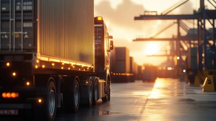 Sticker - A truck loaded with containers at a port during sunset, illustrating logistics and transport.