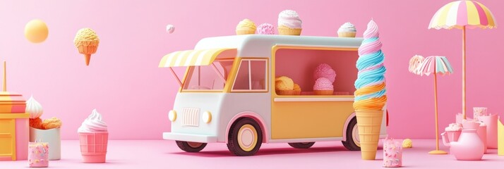 Poster - A colorful ice cream truck surrounded by various ice cream treats and a playful atmosphere.