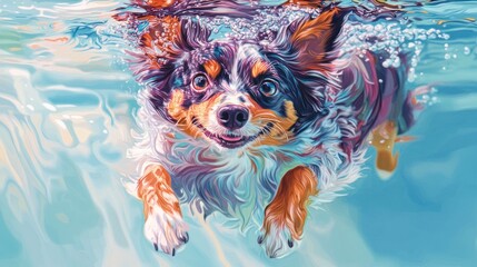 Sticker - A joyful dog swimming underwater, showcasing vibrant colors and playful energy.