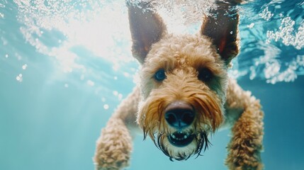 Wall Mural - A playful dog swimming underwater, showcasing its joyful expression and movement.