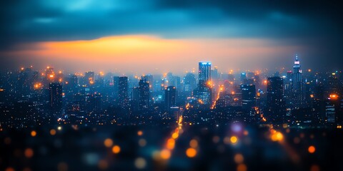 Cityscape at night with a blurred foreground of lights.