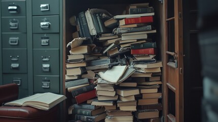 Sticker - A cluttered bookshelf filled with stacked and disorganized books.