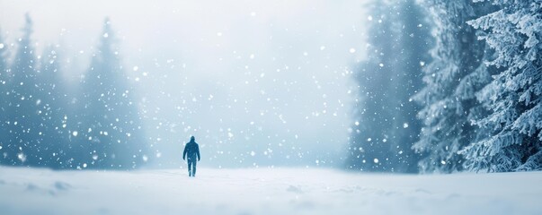 A lone figure walking through a snowy landscape with a serene atmosphere and falling snowflakes.