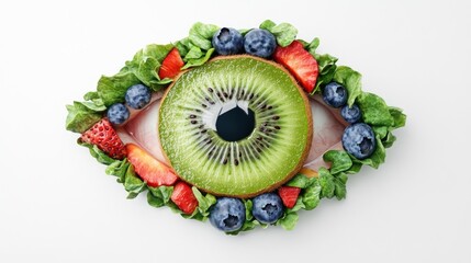 Sticker - An artistic arrangement of fruits and greens shaped like an eye.