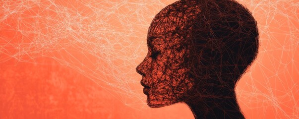 Poster - Silhouette of wireframe human head with complex network, digital art concept