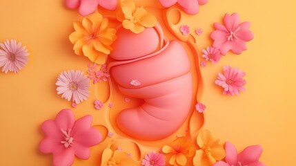 Sticker - A stylized pink form surrounded by colorful flowers on a vibrant orange background.