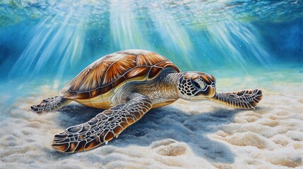 Sticker - A realistic depiction of a turtle swimming gracefully in clear blue waters.