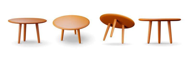 Poster - 3d set of wooden table stand with legs isolated on white. Render empty table with round brown countertop. Circle desk for office, kitchen or home. Minimalistic furniture style. vector illustration