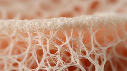 Close-up of a delicate, intricate, and textured network of interwoven strands in a soft pink hue.