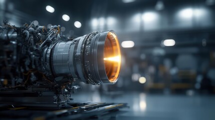 Close-up of an advanced aircraft engine in a workshop setting, showcasing intricate details and machinery.