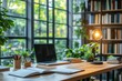 © DudeDesignStudio - Laptop on wooden desk with books and potted plants in a home office near a window with natural light.