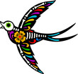 © Vector Tradition - Mexican day of the dead swallow bird animal tattoo symbolizing joy of life and death. Isolated vector vibrant sugar skull of flying bird with bones, intricate patterns, bold colors and floral motifs