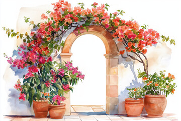 A vibrant archway adorned with blooming bougainvillea and potted plants, creating a charming entrance in a serene, picturesque setting.