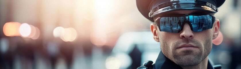 Officer in sunglasses stands confidently, city backdrop blurred, symbolizing authority and vigilance.