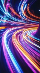Poster - Colorful light trails on a dark background, abstract urban night scene. Futuristic cityscape and motion concept