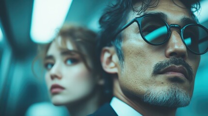 Two stylish people dressed formally and wearing sunglasses, portrayed on a moving train, showing confidence and character amidst a modern, fast-paced urban setting.