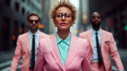 A businesswoman in stylish glasses and a bright pink suit strides confidently through a city street, flanked by colleagues in matching vibrant suits.