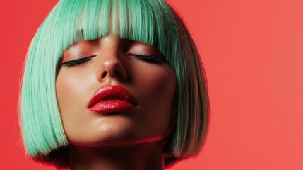 A close-up of a woman with striking teal hair and vibrant makeup, set against a stark red background, capturing a bold and artistic expression of style and beauty.