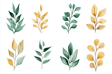 Set of watercolor floral illustrations with green and gold leaves, ideal for flat cartoon-style decor and design projects