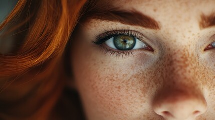 An enchanting close-up shot of a freckled eye, capturing the depth and beauty of the eye's natural colors and the intriguing texture of the freckles.