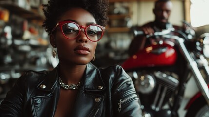 A fashionable woman in a leather jacket with red glasses poses confidently in front of a red motorcycle, exuding a blend of modern and edgy aesthetics.