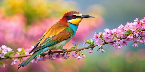 bee eater perched on branch with flowers panoramic view