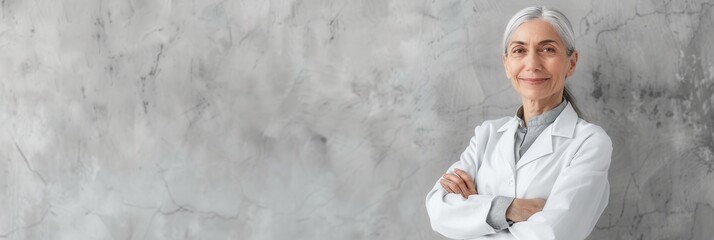 Aufkleber - An elderly female doctor in a white lab coat smiles at the camera against a light gray concrete wall with her arms crossed and gray hair pulled back. Generative AI