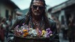 © Maximages  - A tough, muscular man with long chained hair carries a basket of vibrant flowers while walking down a rustic village road, juxtaposing strength with tenderness.
