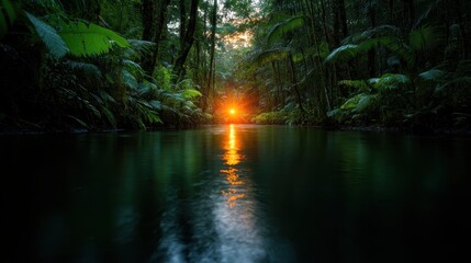 A serene and tranquil river flows through a lush green rainforest, with the setting sun casting a magical glow on the water surface and surrounding foliage.