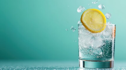 A refreshing glass of sparkling water filled with ice cubes, showcasing a vibrant slice of lemon, all set against an elegant teal background.