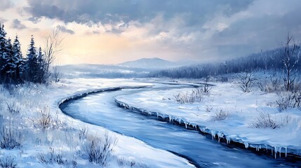 Wall Mural - Winter River Landscape with Snowy Banks and Icicles.