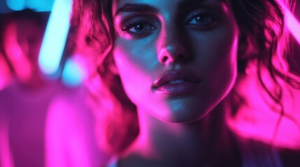 A portrait of a woman with curly hair, highlighted by vibrant neon lights, captures an essence of beauty and modernity in a contemporary club environment.