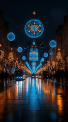 Wall Mural - A vibrant depiction of a city street adorned with Christmas lights and decorations, where a diverse group of people is joyfully singing carols, creating an engaging smartphone wallpaper.