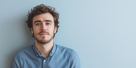 Confident Young Man with Curly Hair Against a Soft Blue Background