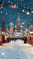 Wall Mural - An enchanting illustration of a snowy Moscow square during Christmas, featuring a majestic cathedral and festive stalls adorned with lights, ideal for a vibrant smartphone wallpaper