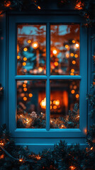 Wall Mural - beautifully illuminated window with a view of a roaring fireplace inside, decorated with garlands and twinkling lights, providing a charming and cozy setting for a smartphone wallpaper