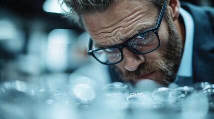 A meticulous researcher with glasses intensely examines scientific samples in a laboratory setting, conveying analytical precision and a thirst for discovery.